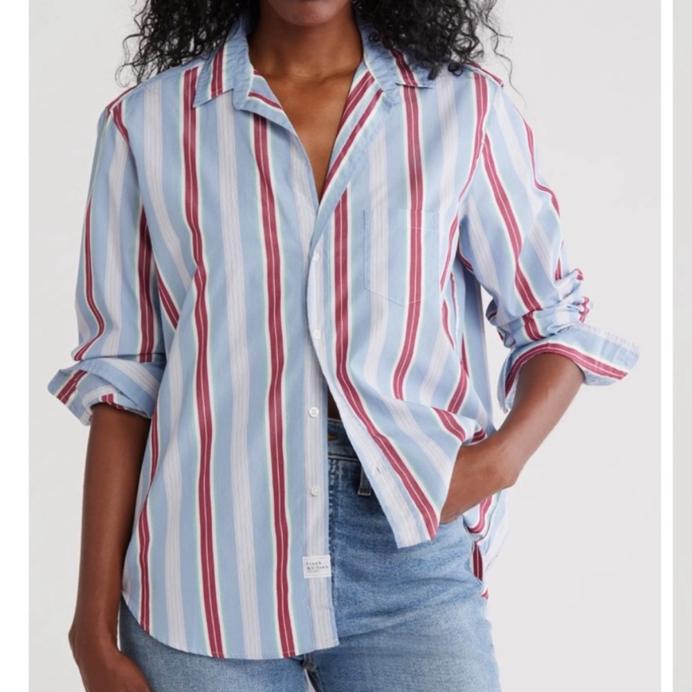 Frank & Eileen Shirley Striped Oversized Button Down Shirt Cotton XXS Blue White